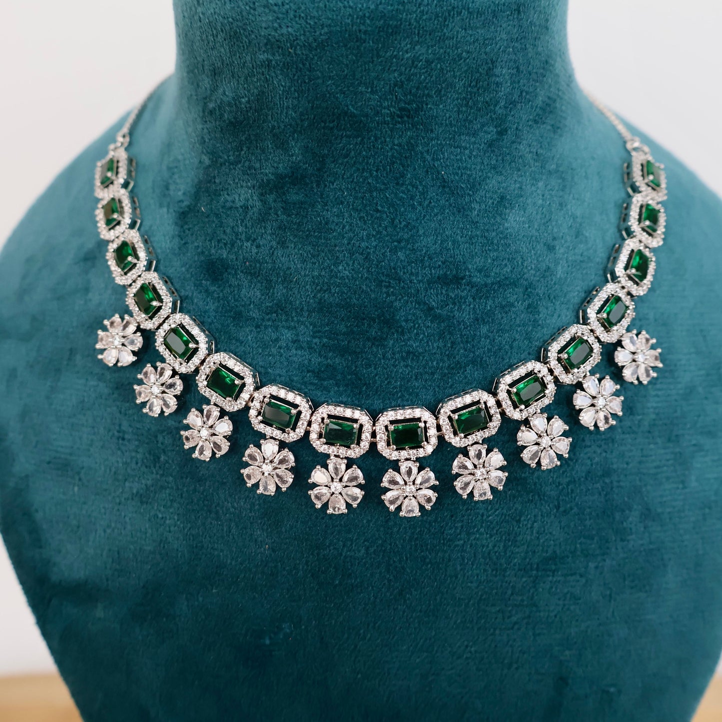 Carryallco Green Emerald & American Diamond Floral Cascade Necklace
