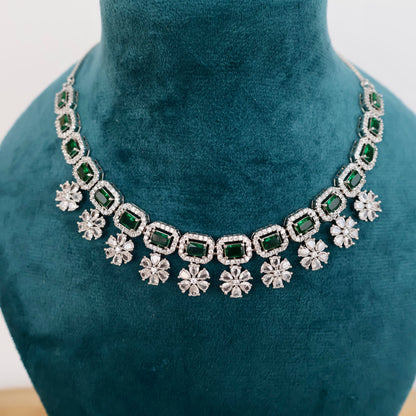Carryallco Green Emerald & American Diamond Floral Cascade Necklace