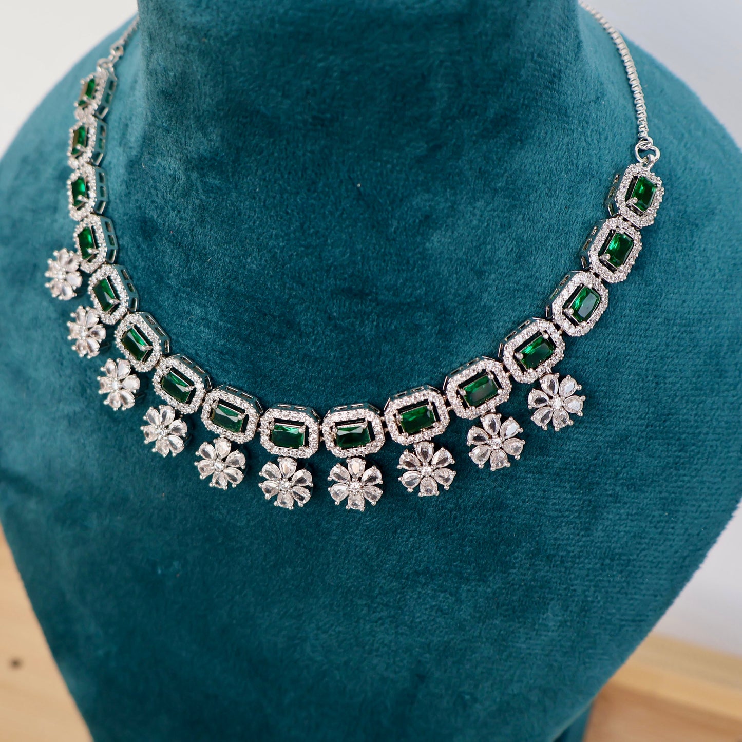 Carryallco Green Emerald & American Diamond Floral Cascade Necklace