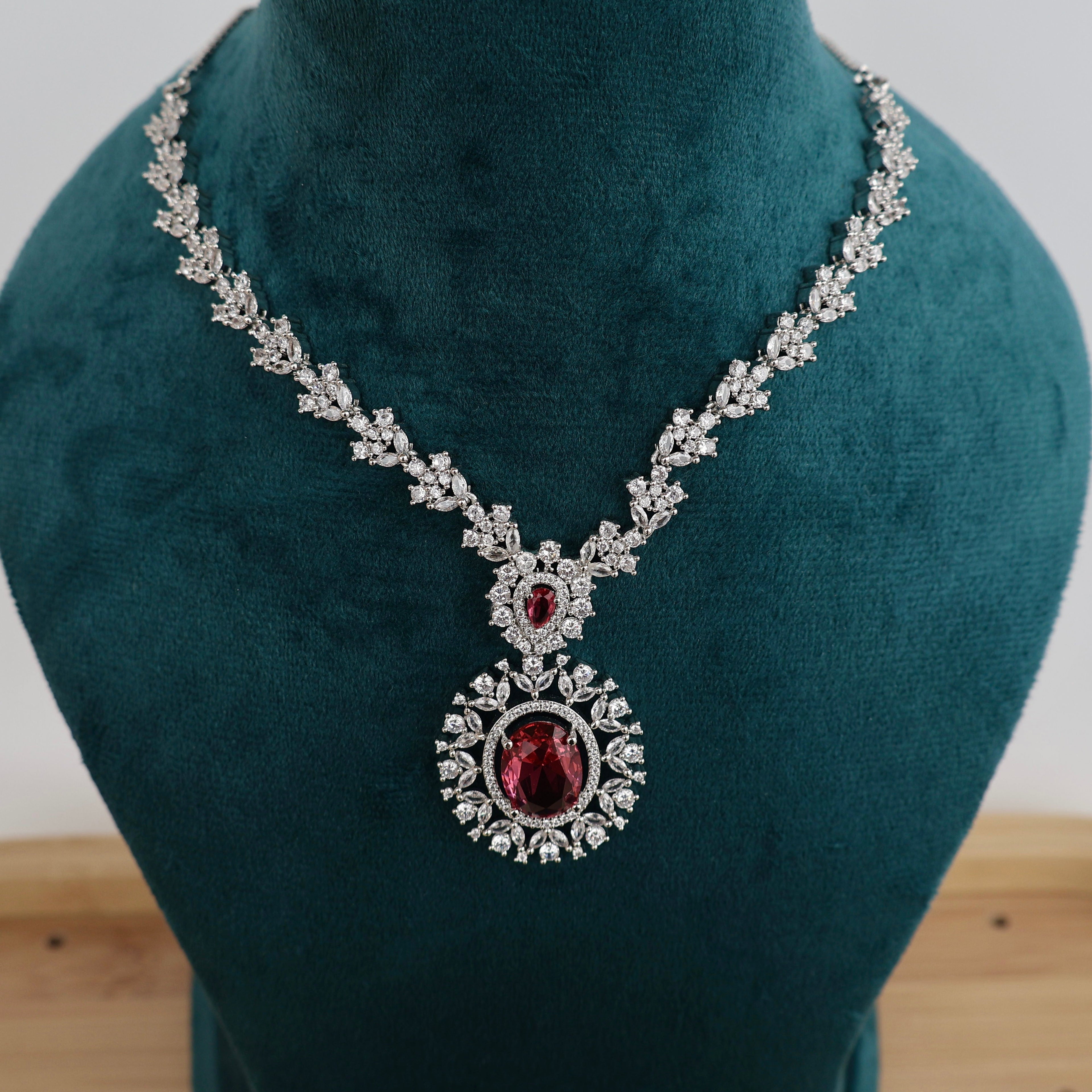 Carryallco Radiant Crimson Elegance American Diamond Necklace Set Carryallco