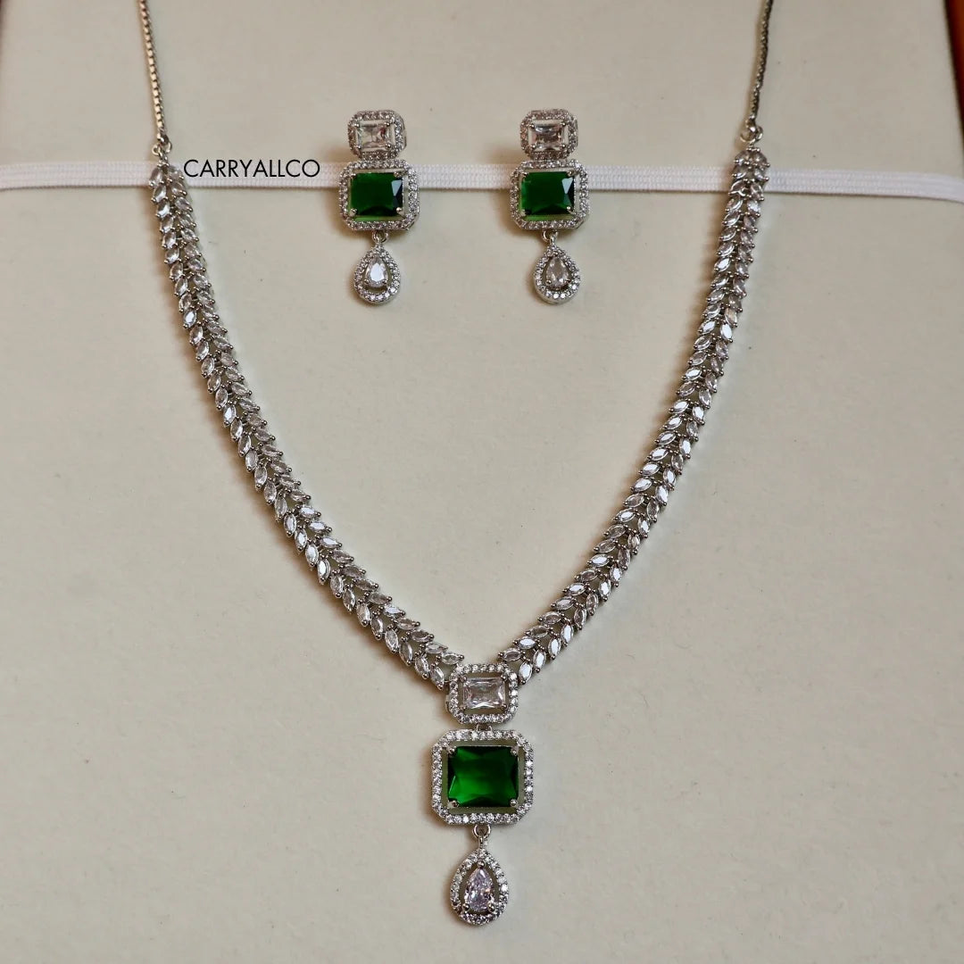 Imperial Emerald Illusion American Diamond Necklace Set