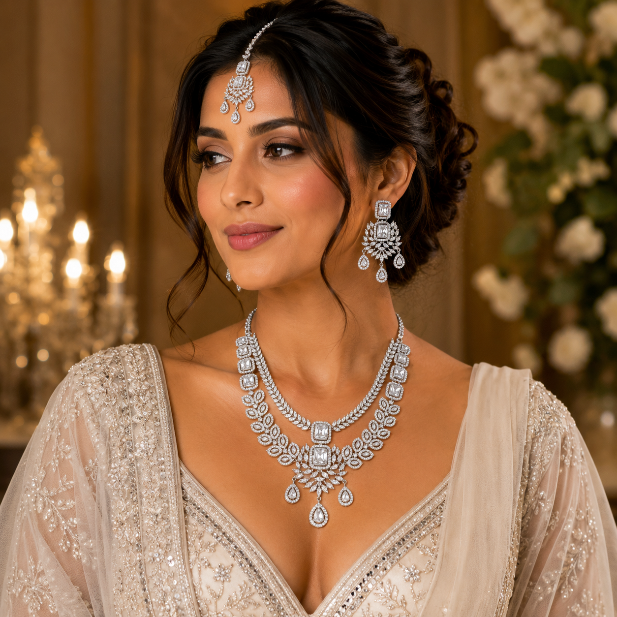 Ivory Leaf Bridal American Diamond Necklace Set – American Diamond | Carryallco India