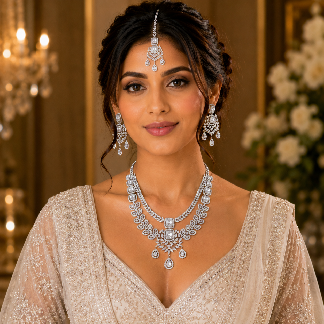 Ivory Leaf Bridal American Diamond Necklace Set – American Diamond | Carryallco India