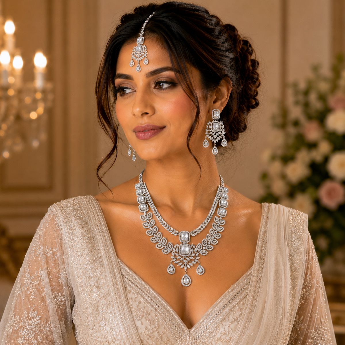 Ivory Leaf Bridal American Diamond Necklace Set – American Diamond | Carryallco India