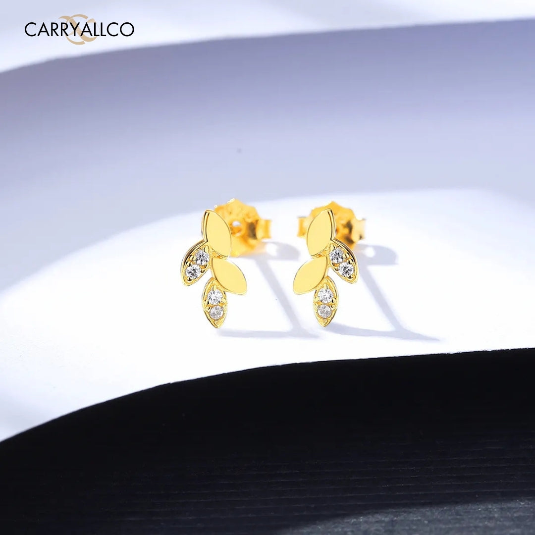 Leaf CZ Stud Earrings – 925 Sterling Silver, Gold Plated