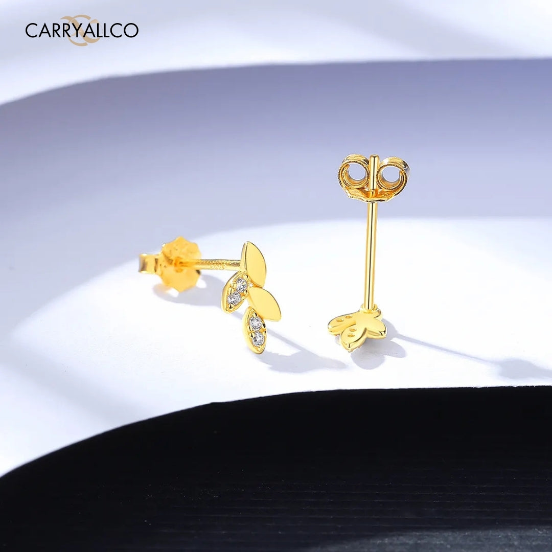 Leaf CZ Stud Earrings – 925 Sterling Silver, Gold Plated
