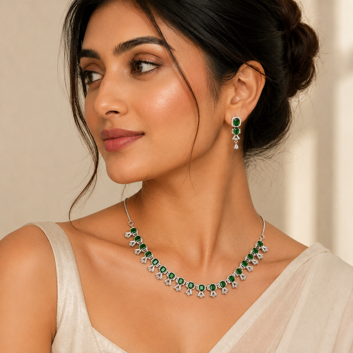 Luxe Green & White American Diamond Necklace Set – American Diamond | Carryallco India