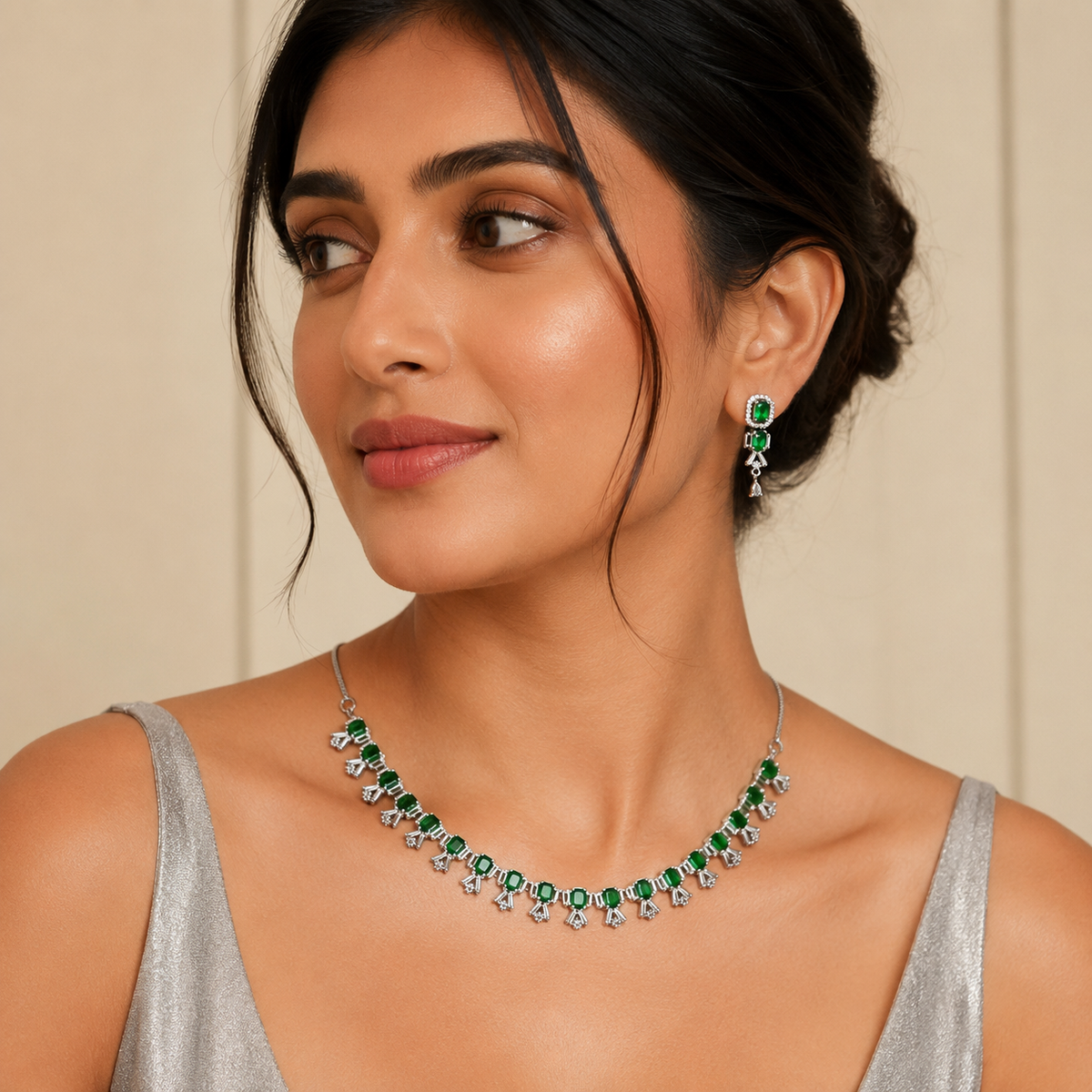 Luxe Green & White American Diamond Necklace Set – American Diamond | Carryallco India