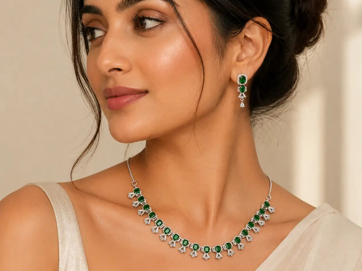 Luxe Green & White American Diamond Necklace Set