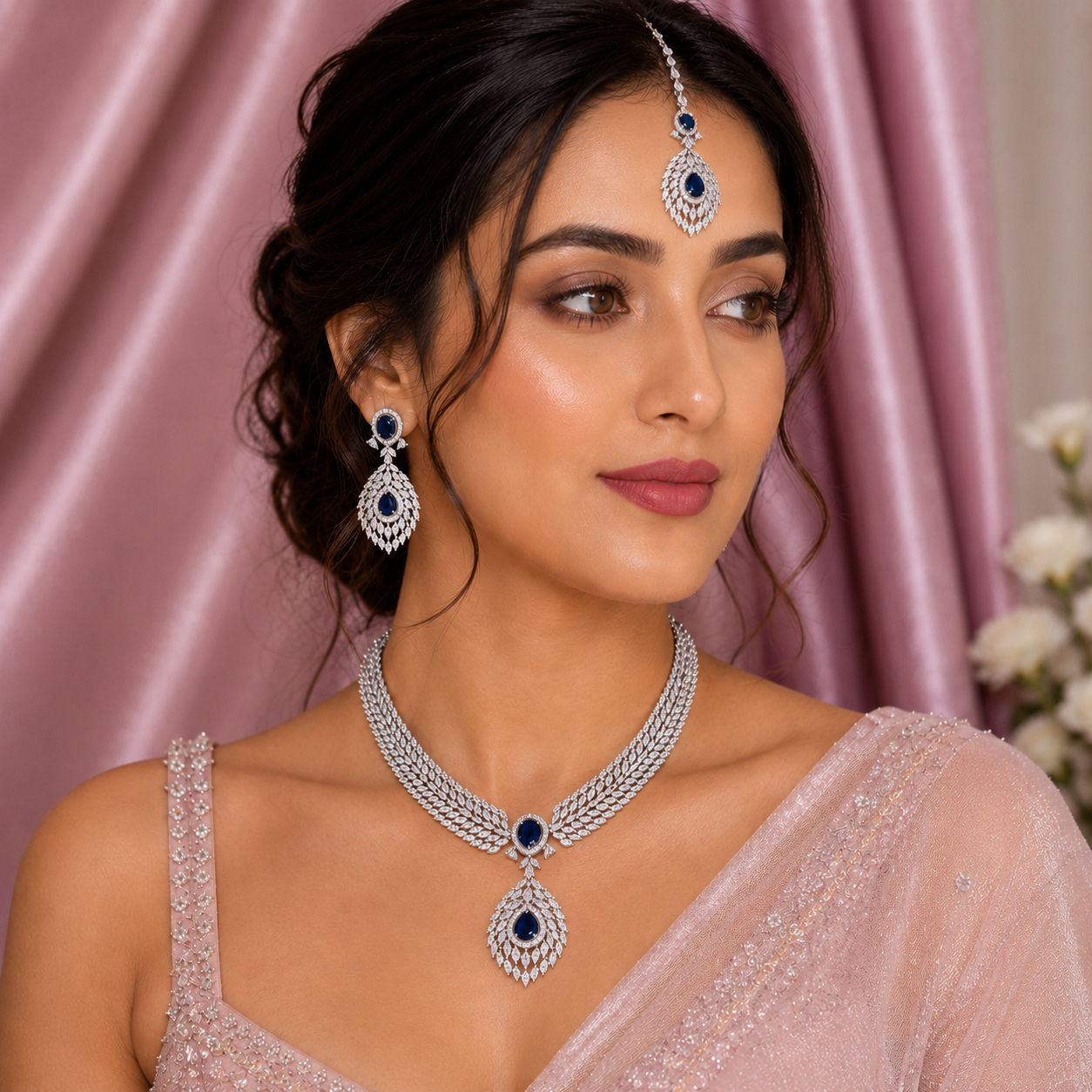 A woman wearing a traditional Indian jewelry set featuring a silver-toned necklace, matching drop earrings, and a forehead jewel with deep blue stones, styled with a light pink embroidered saree against a pink satin backdrop.