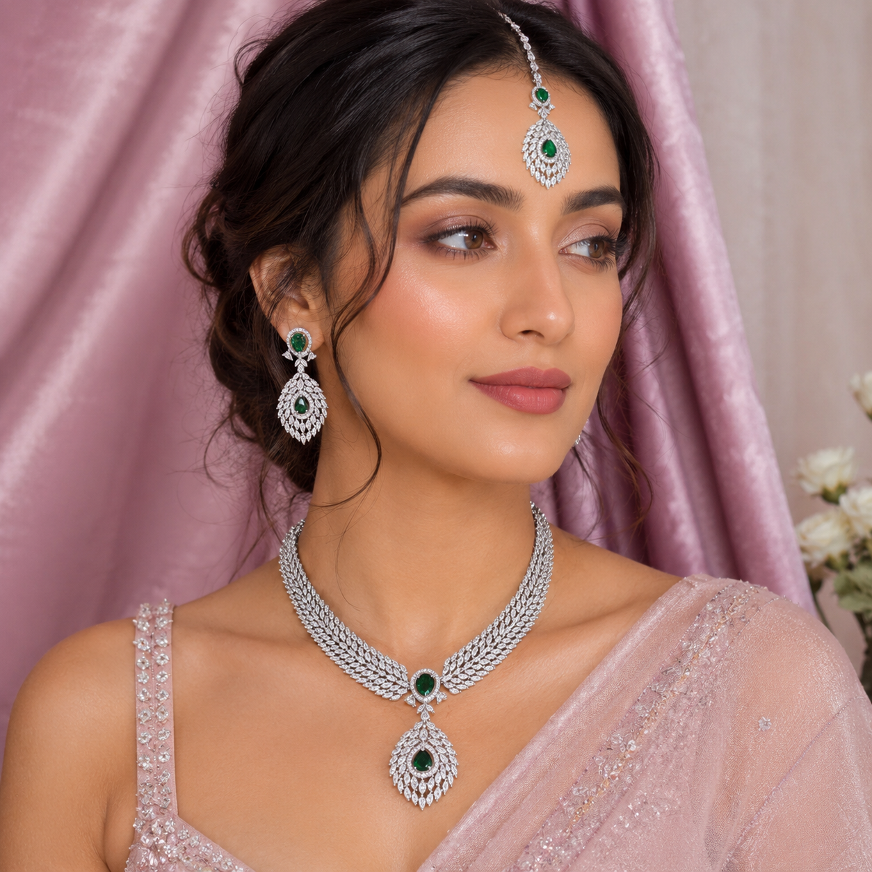 A woman wearing a silver-toned jewelry set with green stones, including a necklace, matching earrings, and a forehead piece, styled with a light pink embroidered sari against a pink satin backdrop.