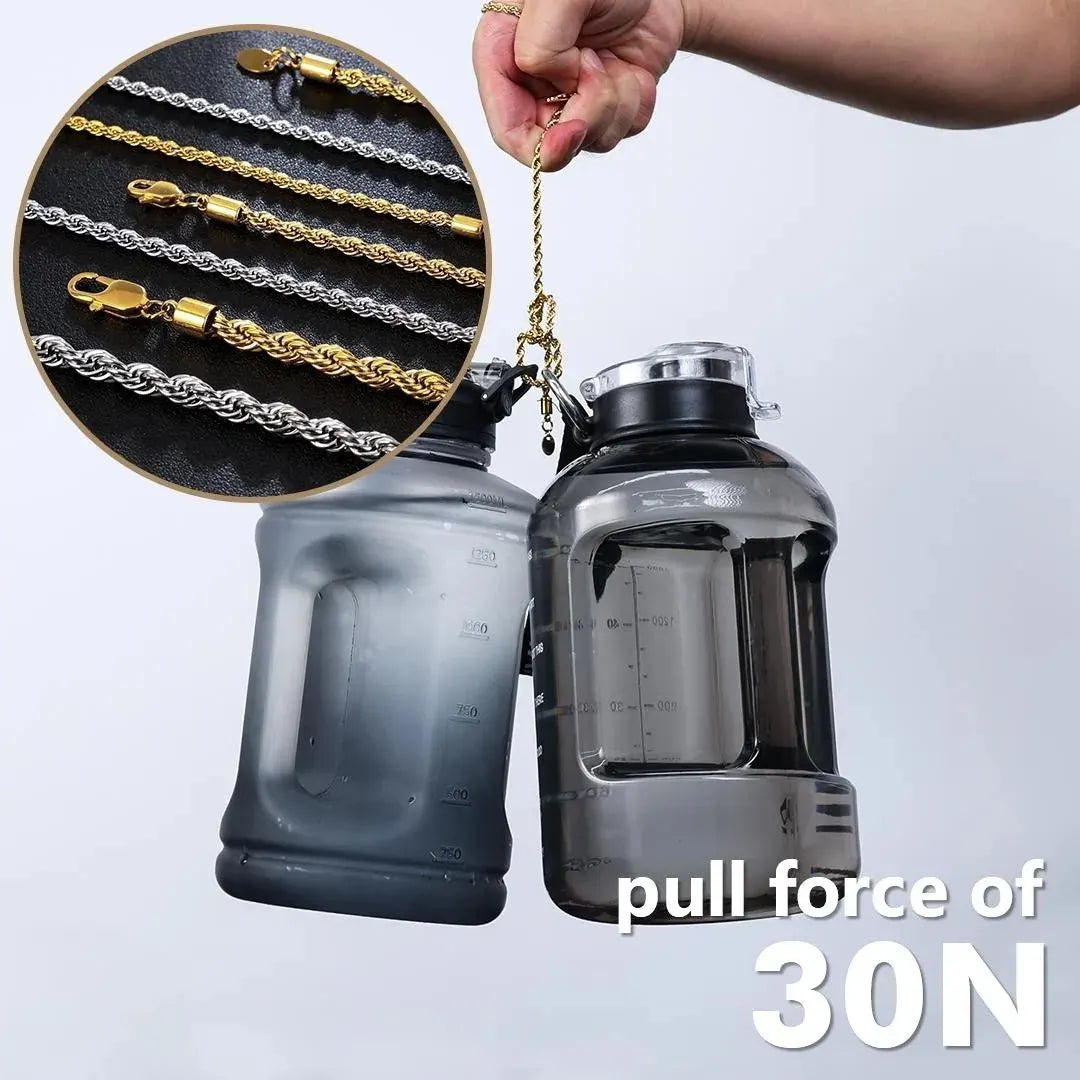 Two water bottles with gold chains attached, showing a close-up of the chains and text indicating pull force.