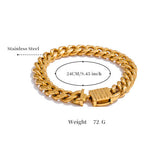 Four stainless steel and gold bracelets with measurements and weights on a white background.