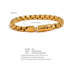 Gold bracelet with measurement details on a white background