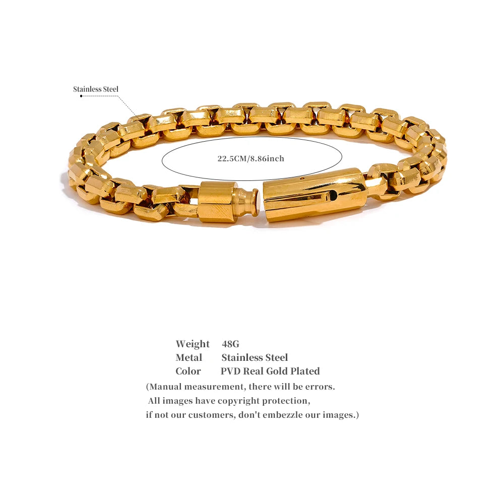 Gold bracelet with measurement details on a white background