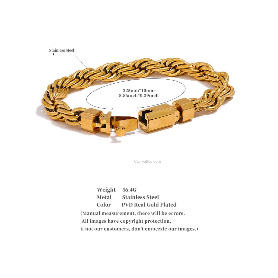 Gold chain bracelet with measurement details on a white background