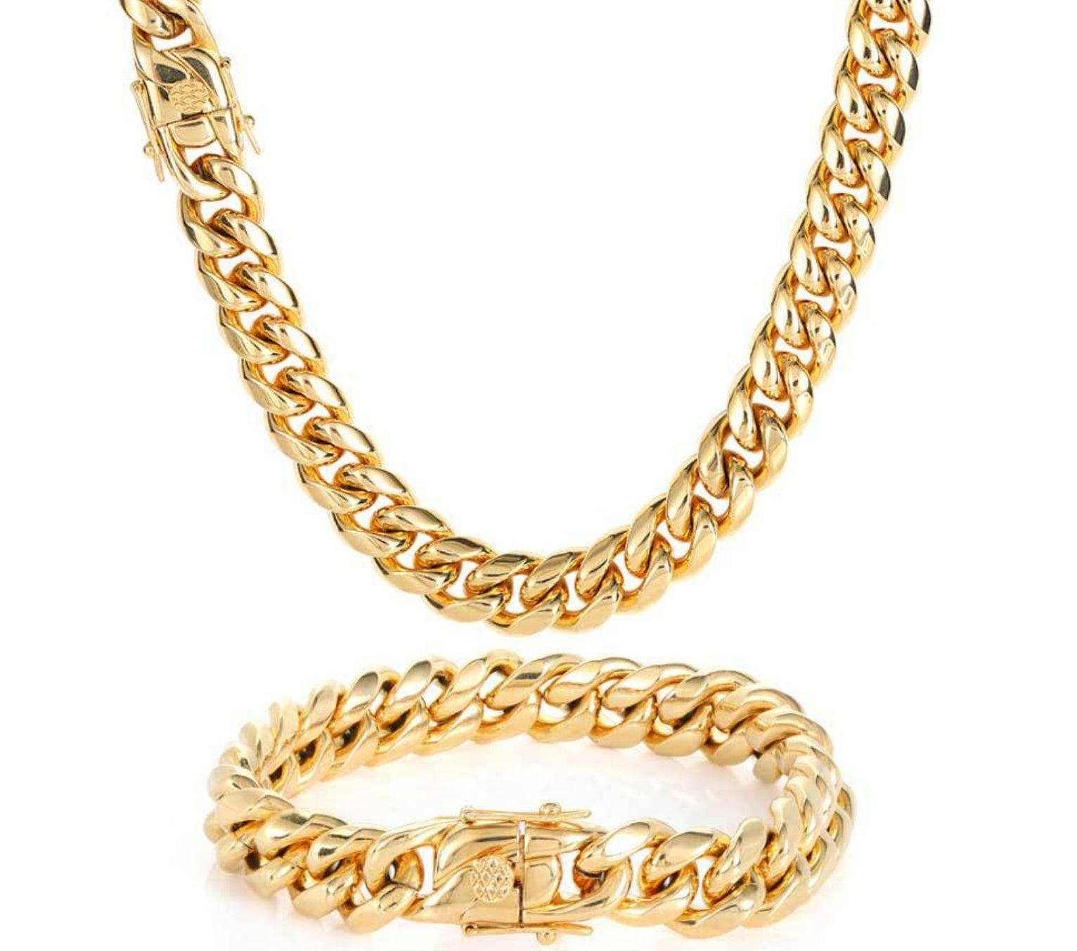 Gold chain necklace and bracelet on a white background