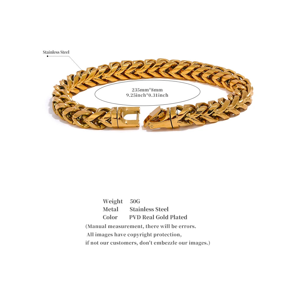 Gold bracelet with measurements and details on a white background