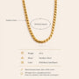 Gold chain necklace with product details on a beige background