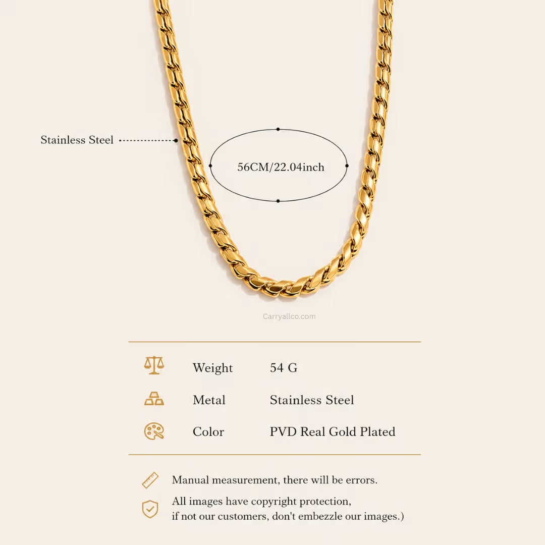 Gold chain necklace with product details on a beige background