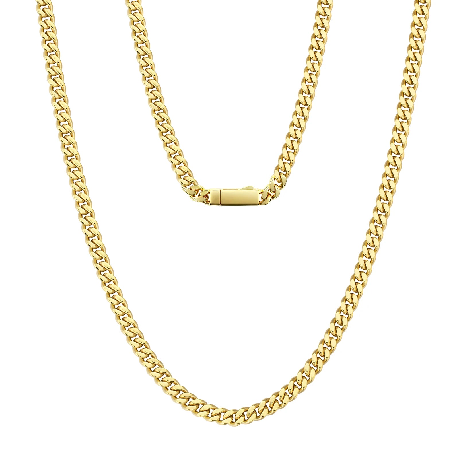 A gold-tone Cuban link chain necklace shown in two lengths against a plain white background.