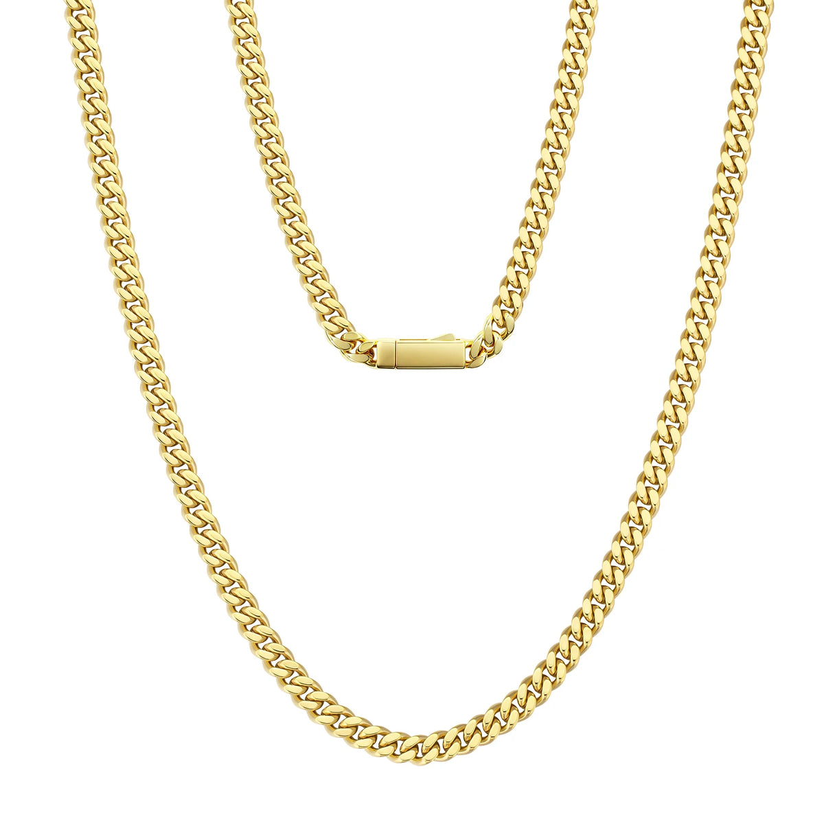 A gold-tone Cuban link chain necklace shown in two lengths against a plain white background.