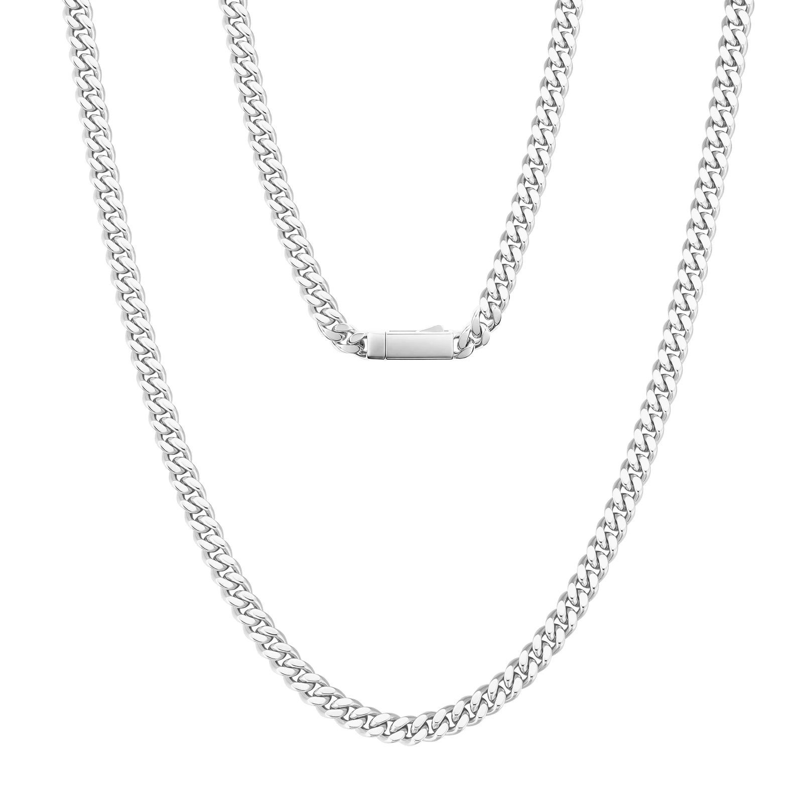 A silver-toned metal chain necklace with a curb link pattern, displayed in two lengths against a solid white background.