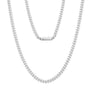 A silver-toned metal chain necklace with a curb link pattern, displayed in two lengths against a solid white background.