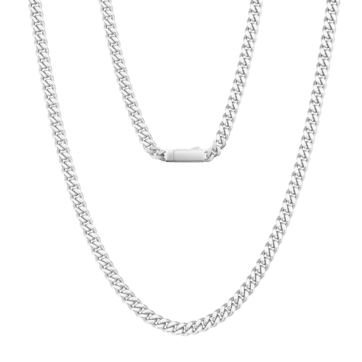 A silver-toned metal chain necklace with a curb link pattern, displayed in two lengths against a solid white background.
