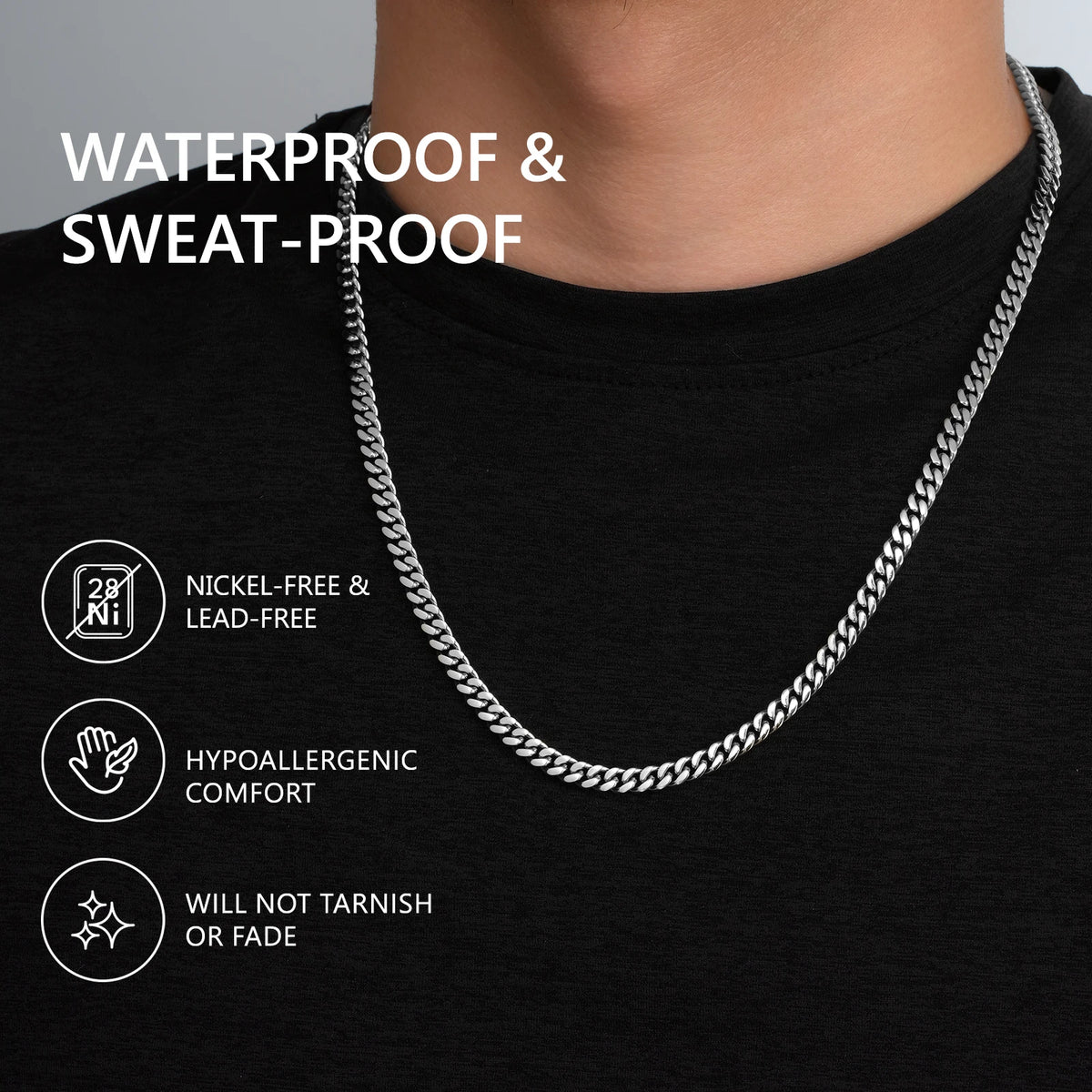 A silver-toned curb chain necklace worn on a person's neck over a black t-shirt, with promotional text highlighting waterproof, sweat-proof, nickel-free, hypoallergenic, and tarnish-resistant qualities.