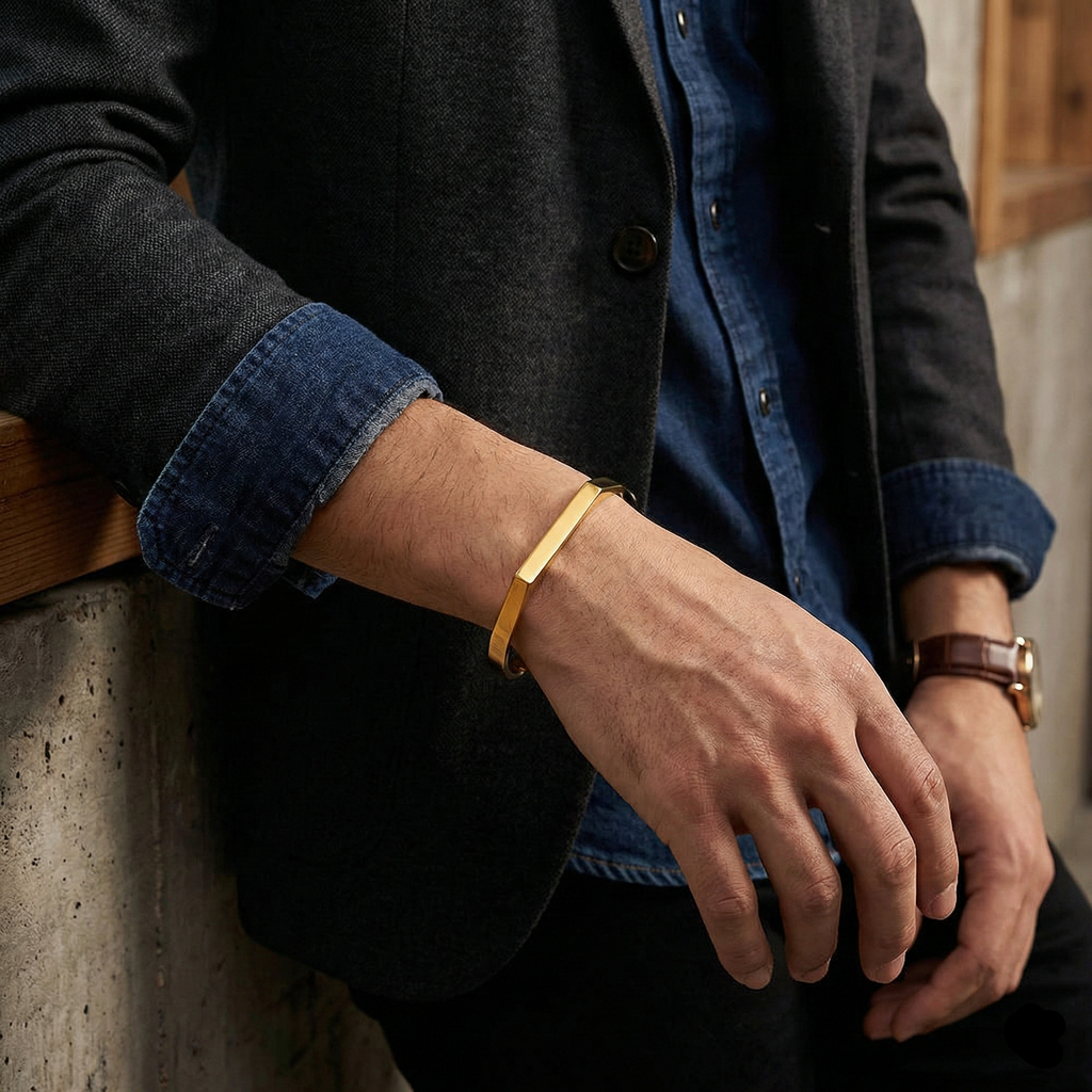 Close-up of a person's wrist wearing a gold bracelet with a blurred background.