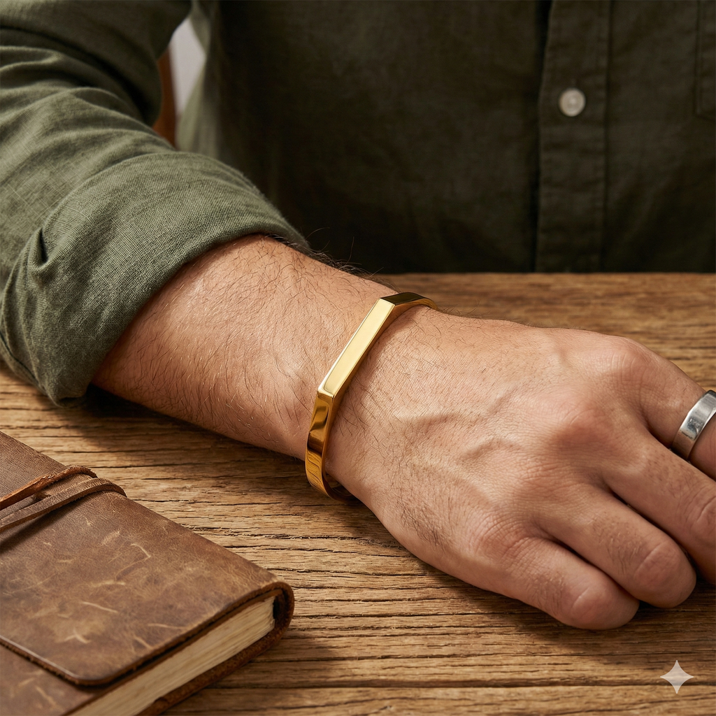 Person wearing a gold bracelet on a wooden surface with a leather notebook.