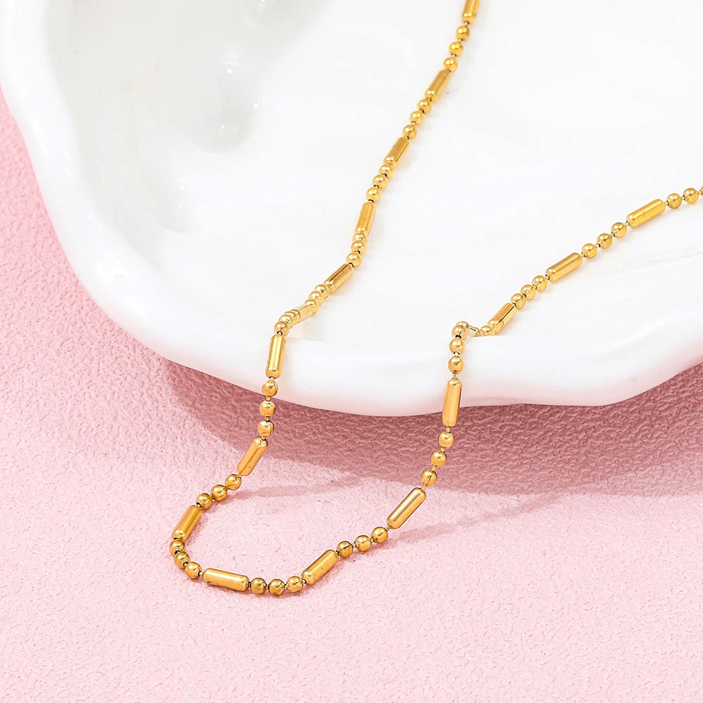 Mixed Bead Cylinder Chain Necklace | 18K Gold PVD | Carryallco