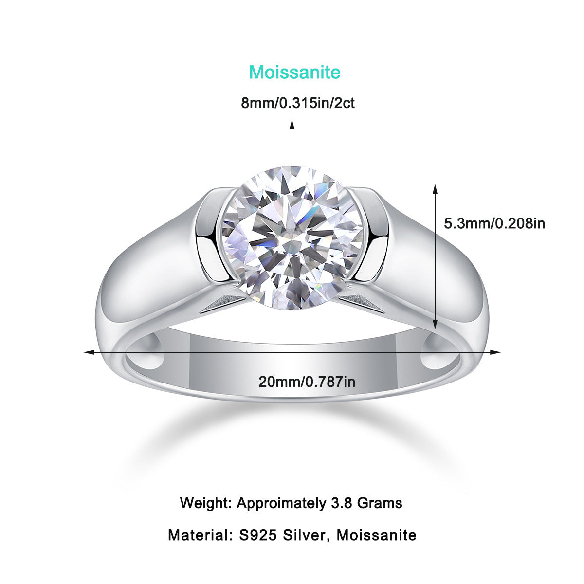 Moissanite Wedding Band 2ct Solitaire S925 Sterling Silver Ring
