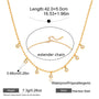 Gold necklace with extender chain, measurements, and material details on a white background