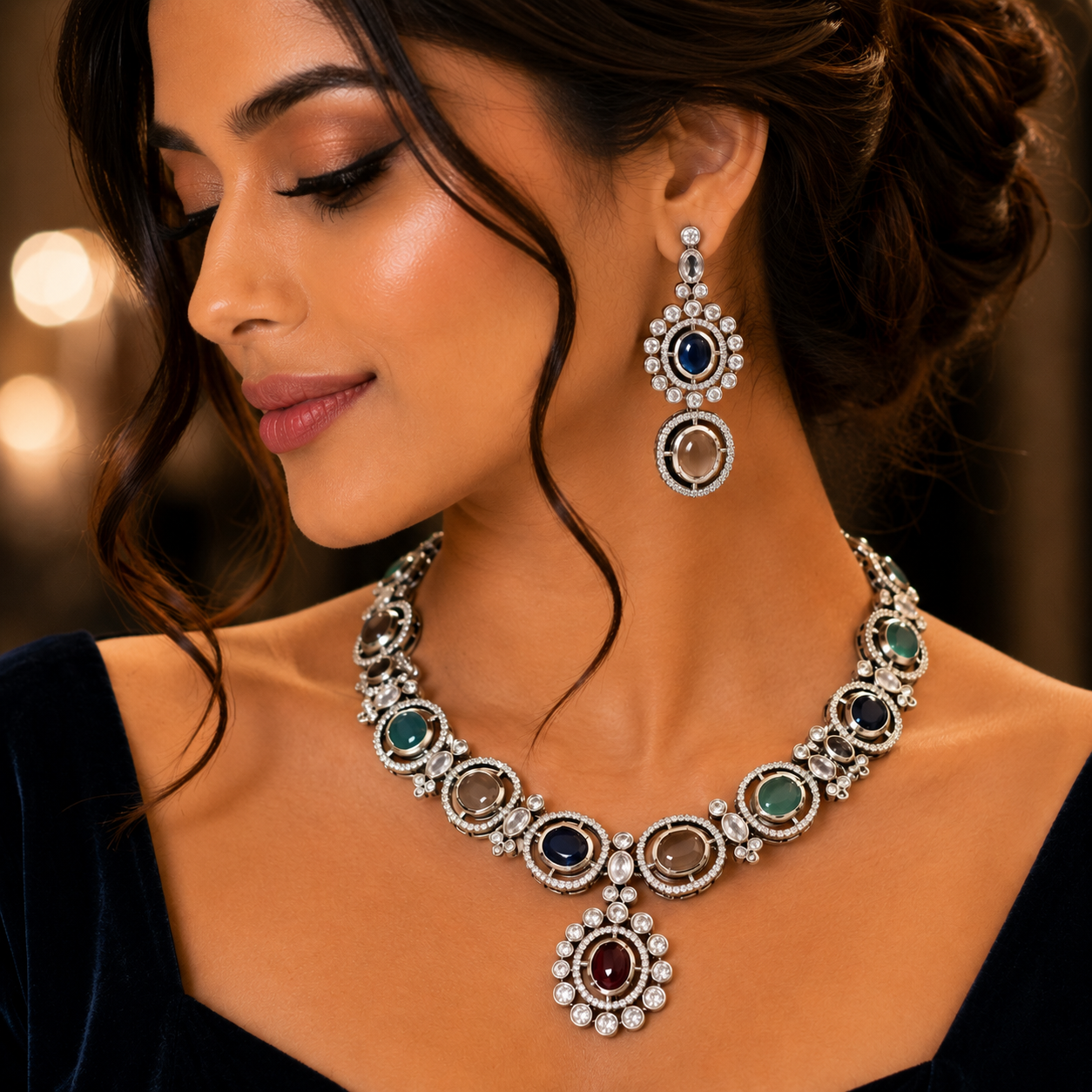 Woman wearing an elaborate necklace and earrings with a blurred background