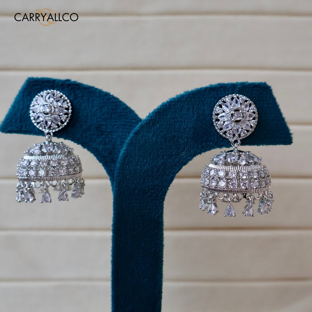 Noor Rhodium-Plated American Diamond Jhumkas Carryallco