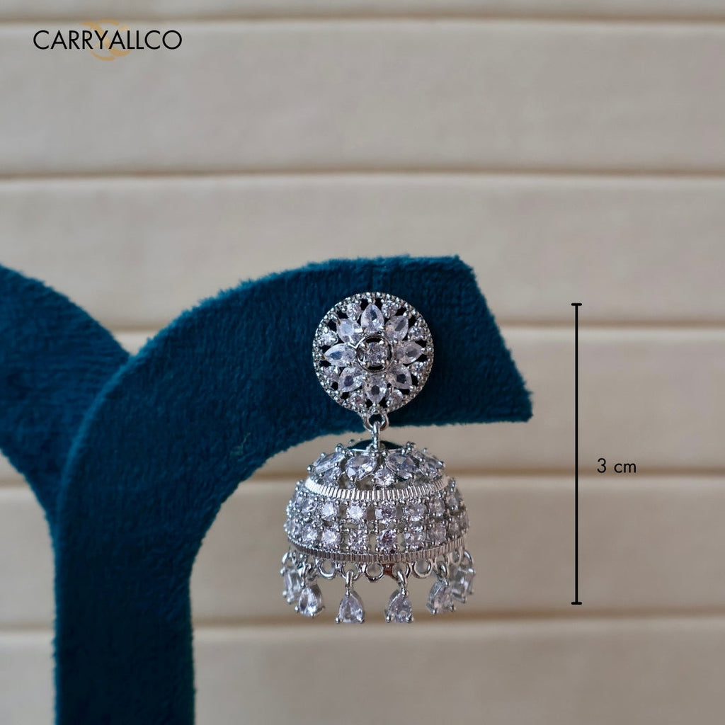 Noor Rhodium-Plated American Diamond Jhumkas Carryallco