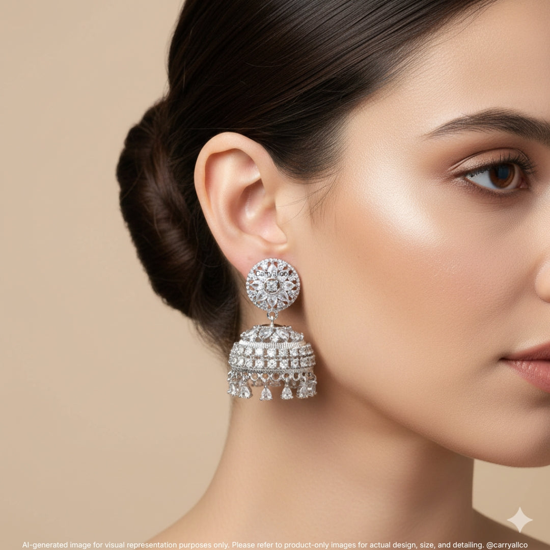 Noor Rhodium-Plated American Diamond Jhumkas | CARRYALLCO