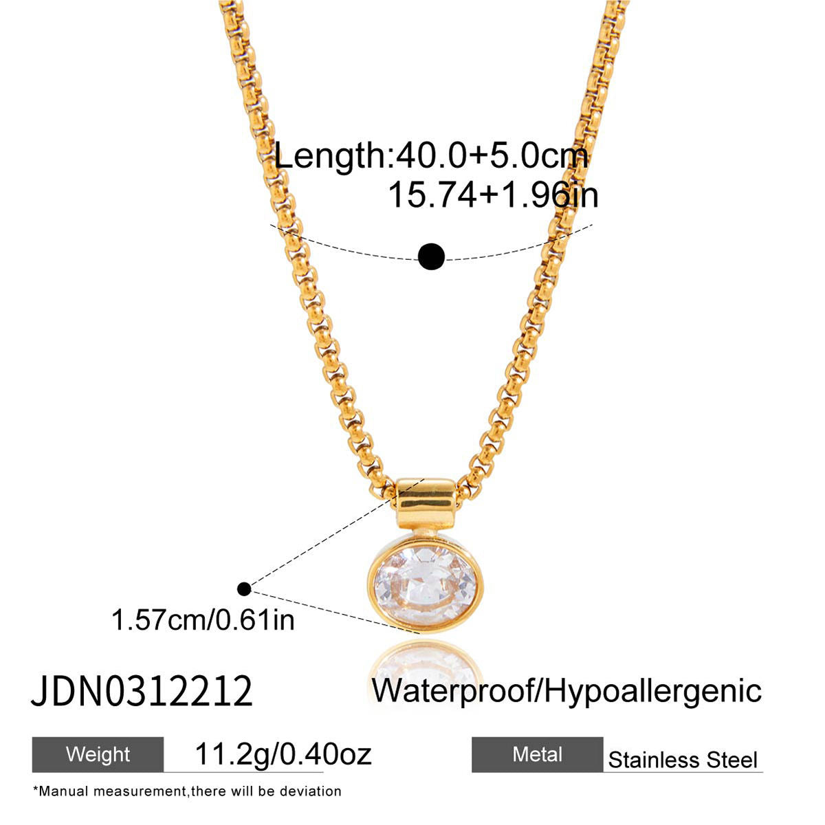 Gold necklace with a pendant, showing measurements and product details on a white background.