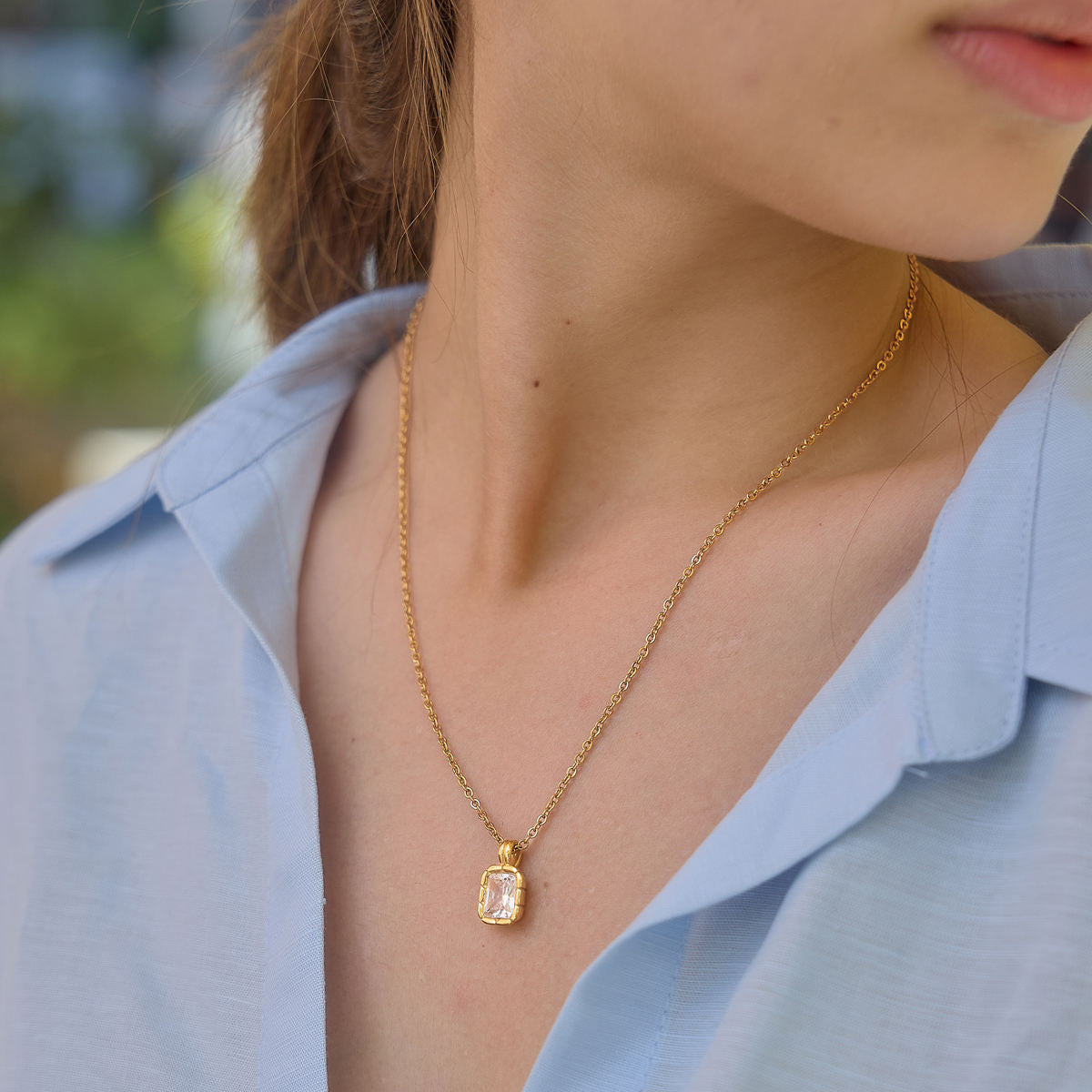 Oval Zirconia Ribbed Bezel Pendant Necklace