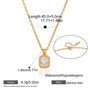Gold stainless steel pendant necklace with a rectangular clear rhinestone, shown with measurement annotations, weight 6.3g, and a detail inset of the adjustable clasp.