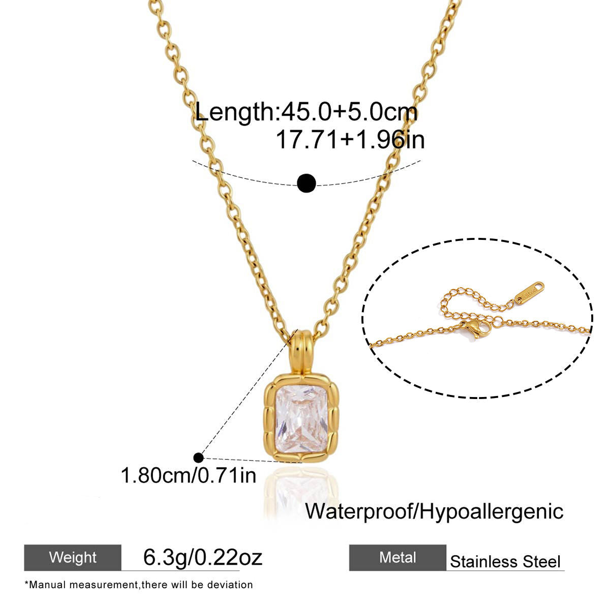 Gold stainless steel pendant necklace with a rectangular clear rhinestone, shown with measurement annotations, weight 6.3g, and a detail inset of the adjustable clasp.