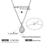 Silver teardrop pendant necklace with measurements and product details on a white background