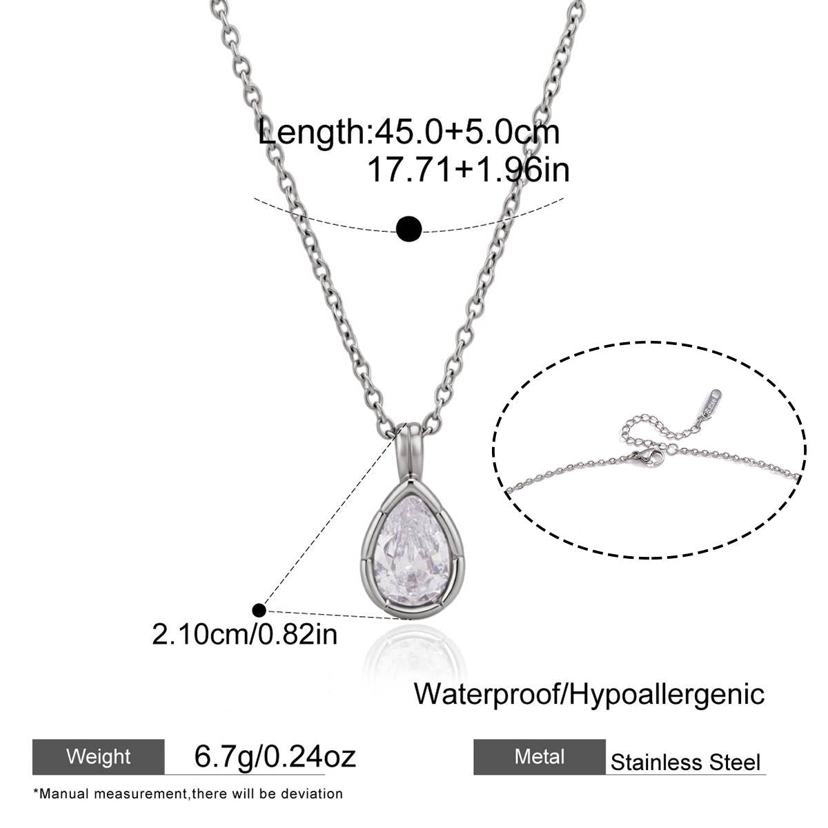 Silver teardrop pendant necklace with measurements and product details on a white background
