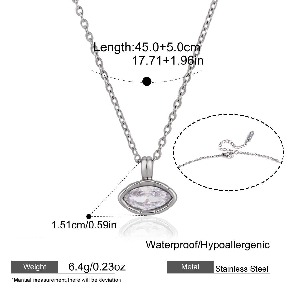 Silver necklace with pendant and measurement details on a white background
