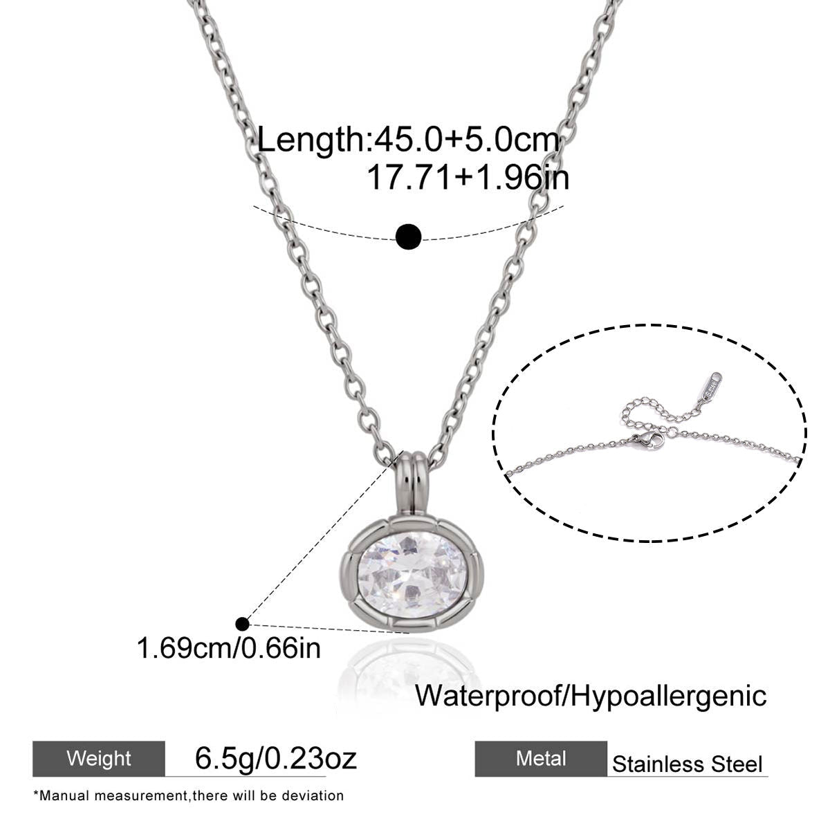 Silver necklace with pendant and measurement details on a white background