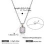 Silver stainless steel pendant necklace with a bezel-set clear rectangular gemstone, shown on a white background with measurement annotations, weight 6.3g, and an inset detail of the clasp.