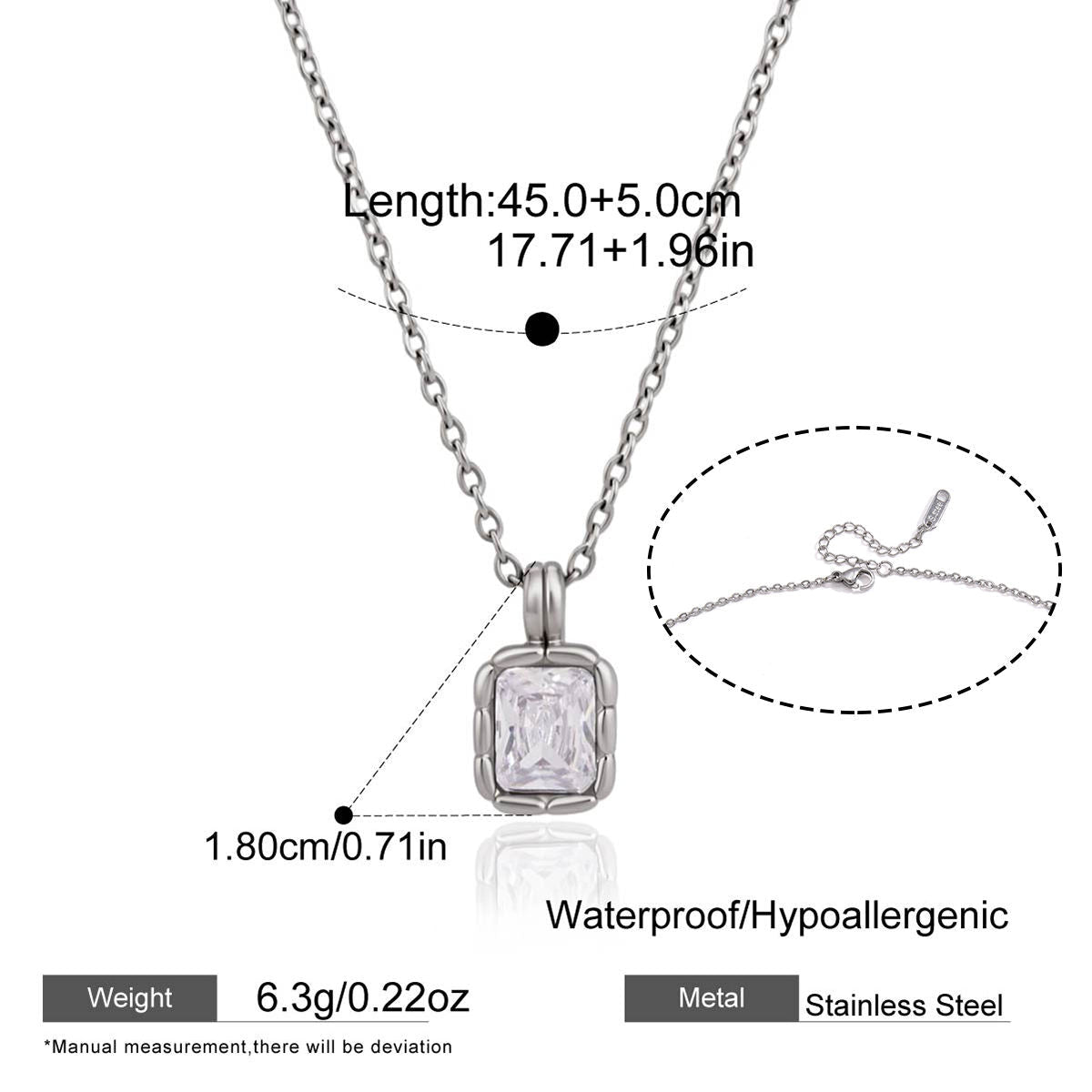 Silver stainless steel pendant necklace with a bezel-set clear rectangular gemstone, shown on a white background with measurement annotations, weight 6.3g, and an inset detail of the clasp.