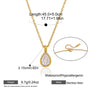 Gold necklace with teardrop pendant and measurement details on a white background